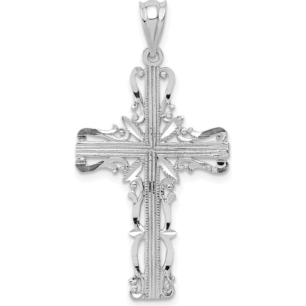 14K White Gold Fancy Latin Cross Pendant with Diamond-Cut Texture and Rhodium Plating - 36mm Length by Oro Pregiato