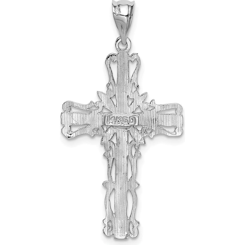 14K White Gold Fancy Latin Cross Pendant with Diamond-Cut Texture and Rhodium Plating - 36mm Length by Oro Pregiato