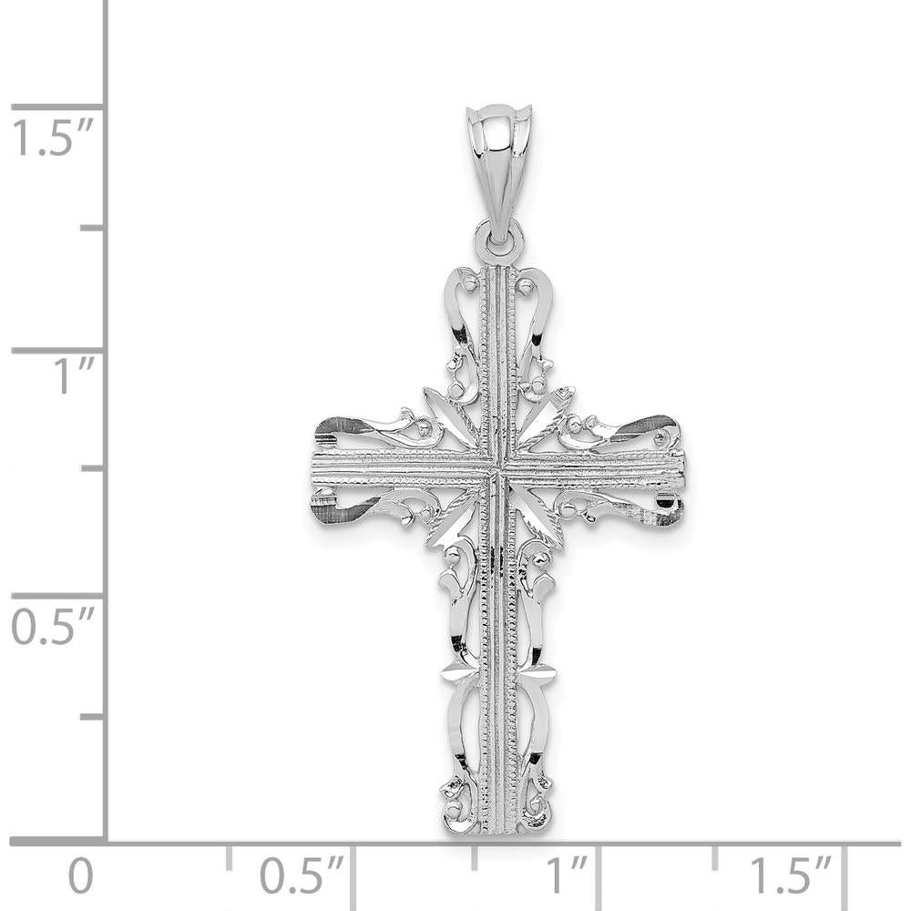 14K White Gold Fancy Latin Cross Pendant with Diamond-Cut Texture and Rhodium Plating - 36mm Length by Oro Pregiato