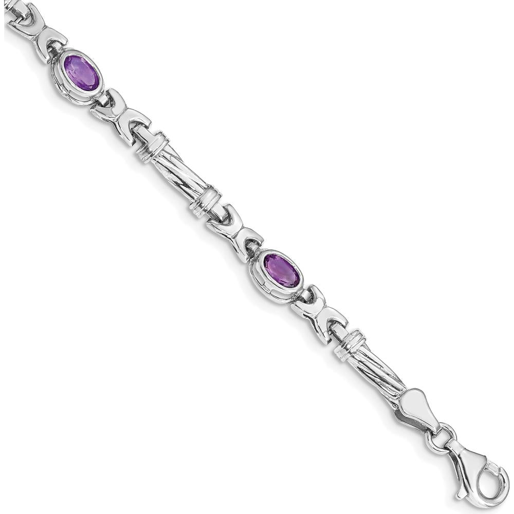 14K White Gold Fancy Link Amethyst Bracelet with Oval Cut Stones - 0.45 Carats Total Amethyst Weight by Monteluci Fine Jewelry