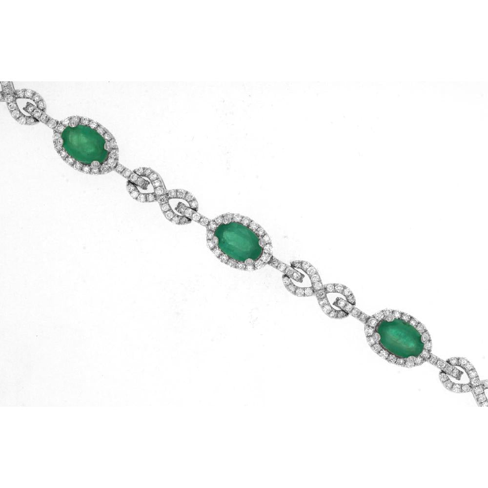 14K White Gold Fancy Link Bracelet with Oval Emeralds and Diamond Halos – 3.50 Carat Emerald Total Weight & 2.00 Carat Diamond Total Weight - Royal Jewelry