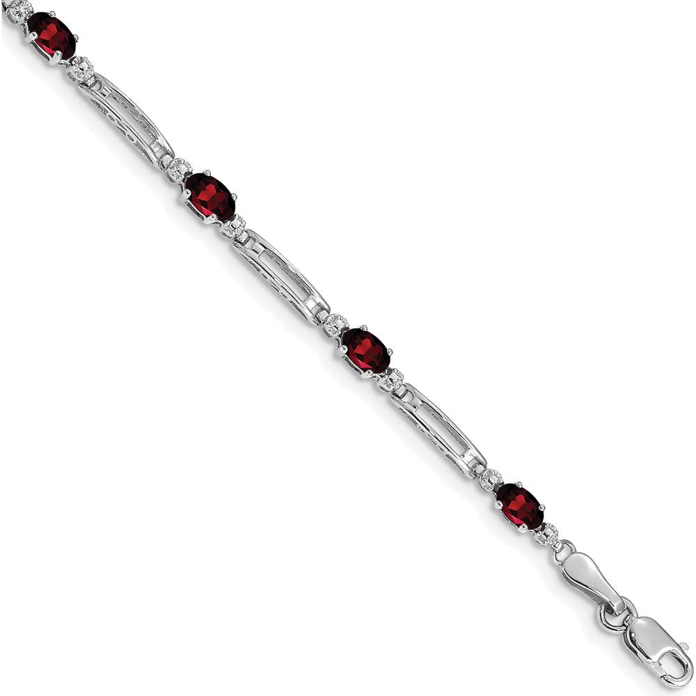 14K White Gold Fancy Link Bracelet with Oval Garnet and Round Diamond - 0.30 Carats Total Garnet Weight by Monteluci Fine Jewelry