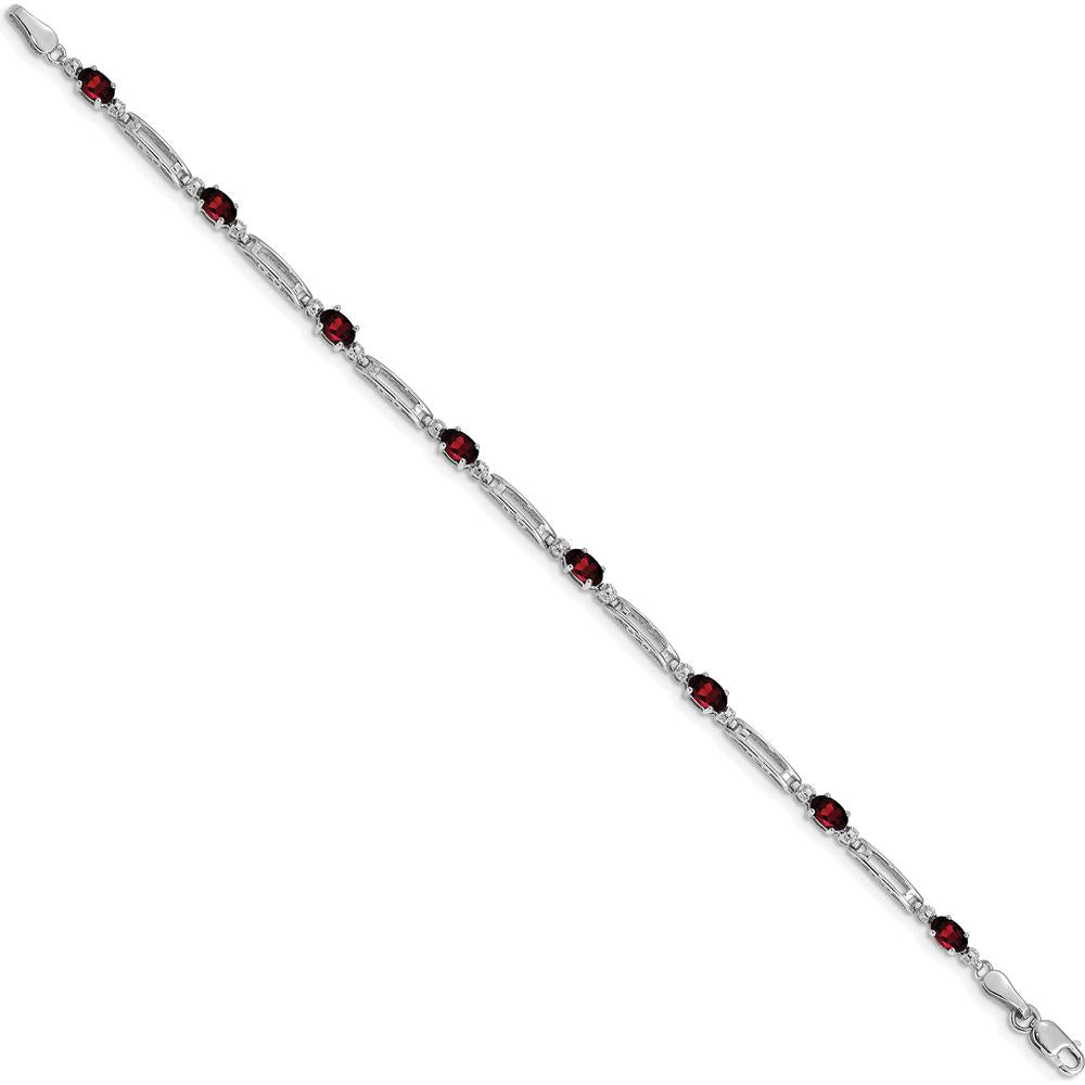 14K White Gold Fancy Link Bracelet with Oval Garnet and Round Diamond - 0.30 Carats Total Garnet Weight by Monteluci Fine Jewelry