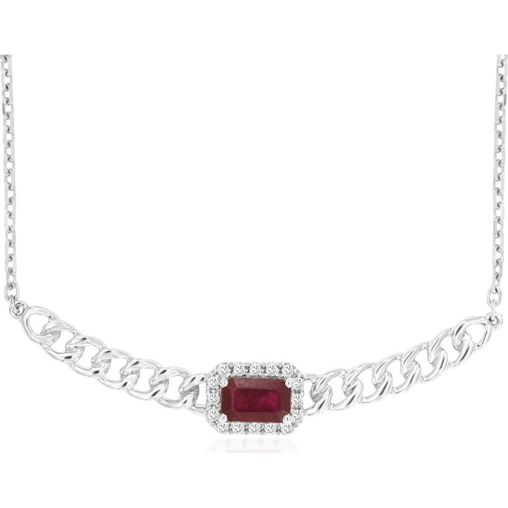 14K White Gold Fancy Link Necklace with Emerald Cut Ruby and Diamond Halo - 0.35 Carat Ruby & 0.07 Carat Total Diamond Weight - Royal Jewelry