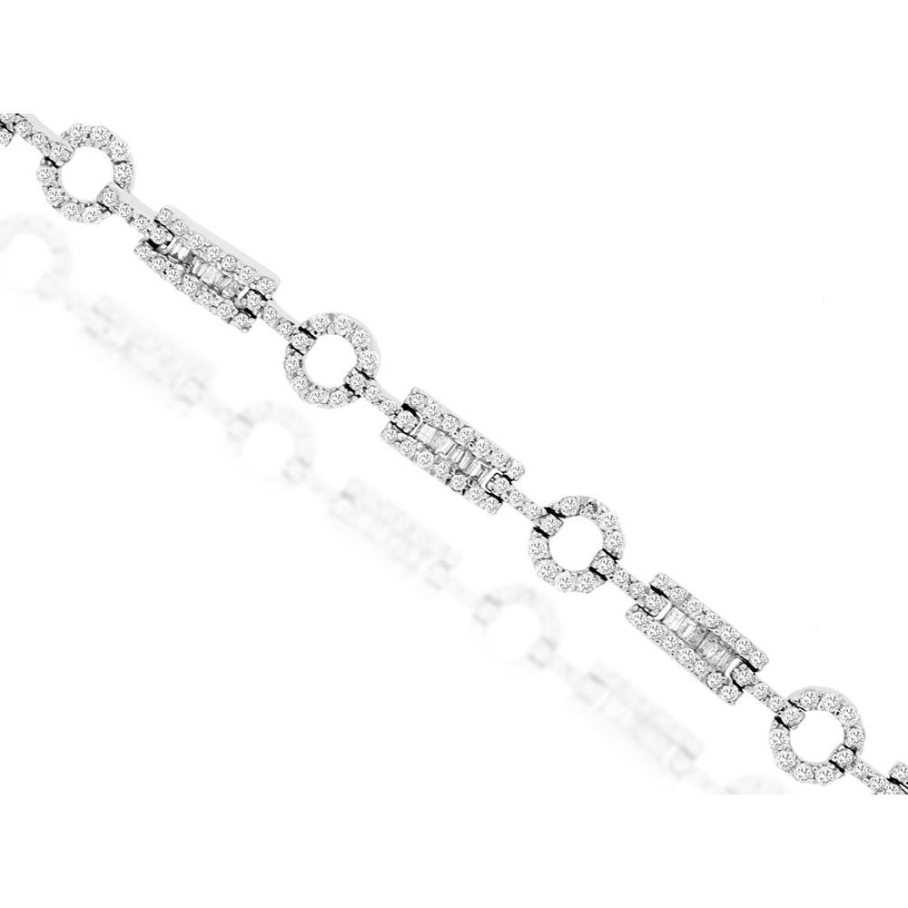 14K White Gold Fancy Link Station Bracelet with Prong-Set Round and Channel-Set Baguette Diamonds - 2.60 Carat Total Diamond Weight - Royal Jewelry