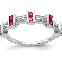 14K White Gold Fancy Ruby and Diamond Band Ring with Princess-Cut Rubies and Round Diamonds - 0.10 Carat Ruby and 0.15 Carat Total Diamond Weight by 0