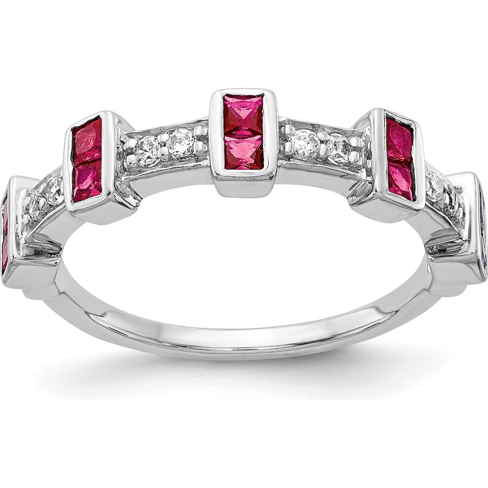 14K White Gold Fancy Ruby and Diamond Band Ring with Princess-Cut Rubies and Round Diamonds - 0.10 Carat Ruby and 0.15 Carat Total Diamond Weight by 0