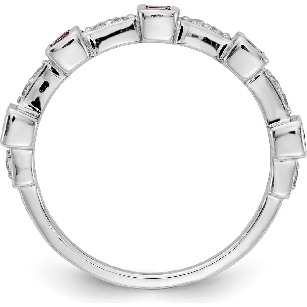 14K White Gold Fancy Ruby and Diamond Band Ring with Princess-Cut Rubies and Round Diamonds - 0.10 Carat Ruby and 0.15 Carat Total Diamond Weight by 0
