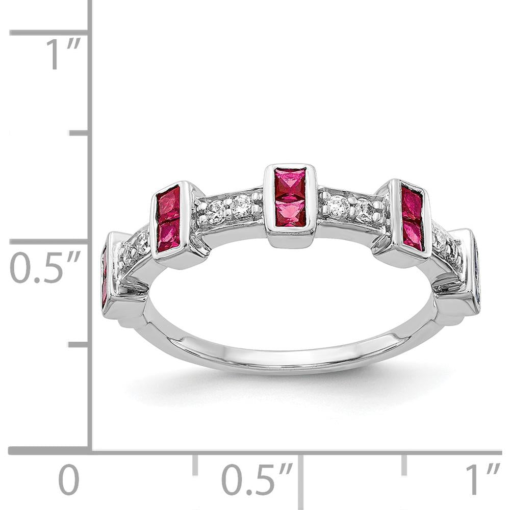 14K White Gold Fancy Ruby and Diamond Band Ring with Princess-Cut Rubies and Round Diamonds - 0.10 Carat Ruby and 0.15 Carat Total Diamond Weight by 0