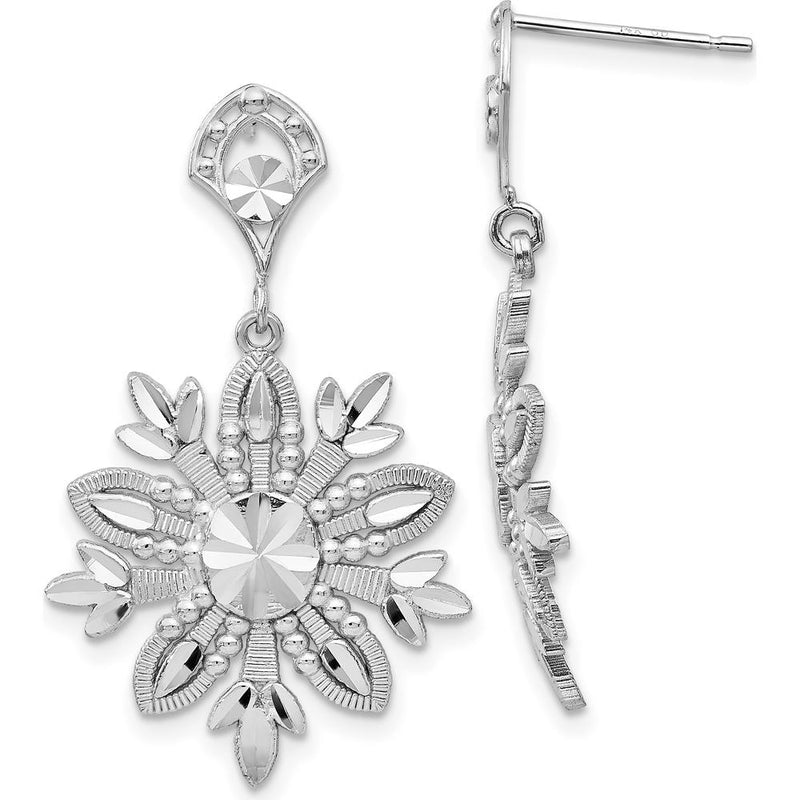 14K White Gold Fancy Snowflake Dangle Earrings with Diamond-Cut Texture and Rhodium Plating by Oro Pregiato