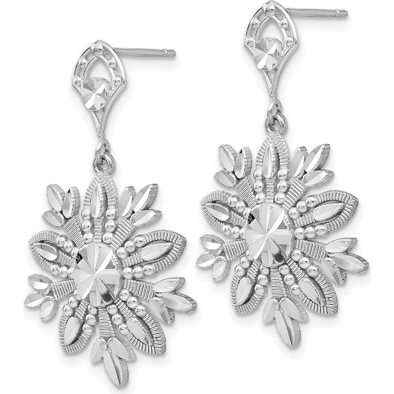 14K White Gold Fancy Snowflake Dangle Earrings with Diamond-Cut Texture and Rhodium Plating by Oro Pregiato