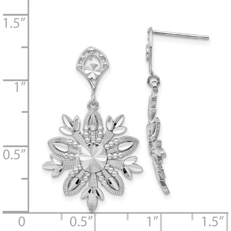 14K White Gold Fancy Snowflake Dangle Earrings with Diamond-Cut Texture and Rhodium Plating by Oro Pregiato
