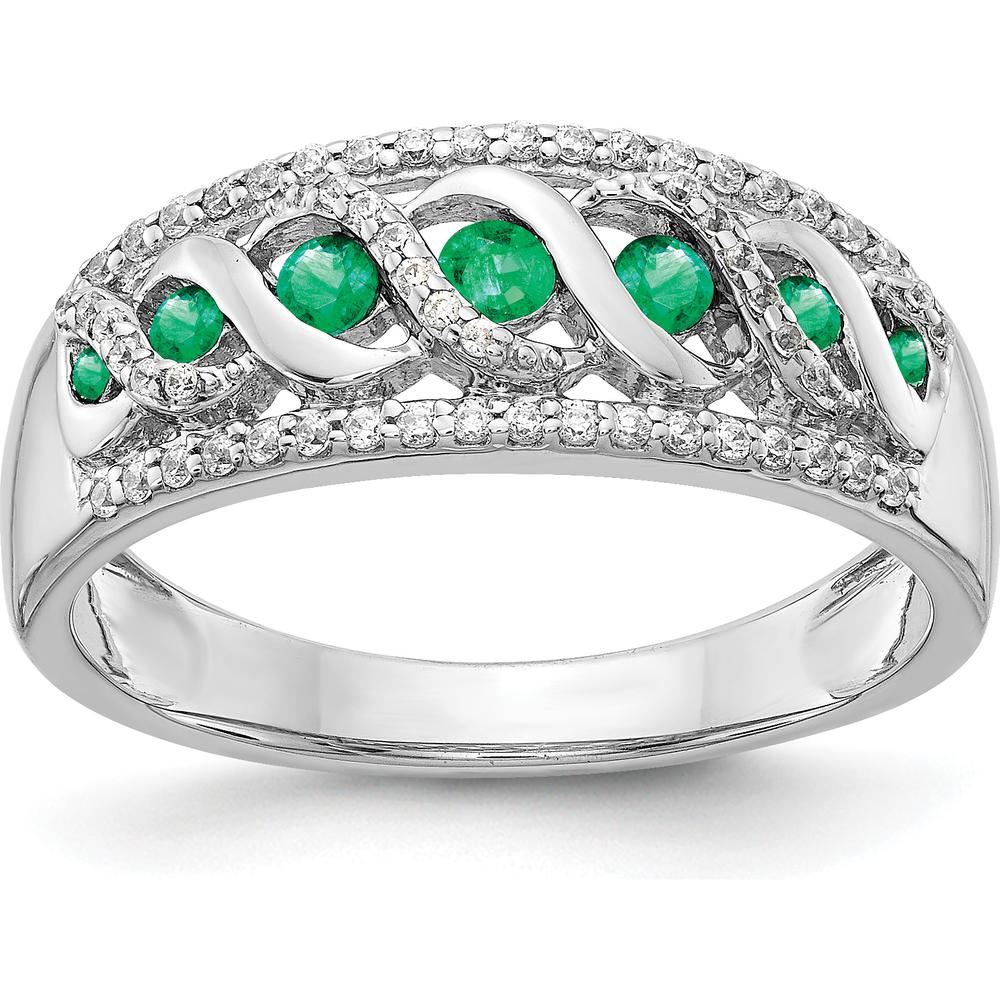 14K White Gold Fancy Twist Ring with Round Emeralds and Diamonds - 0.14 Carat Total Emerald Weight, 0.07 Carat Total Diamond Weight by 0