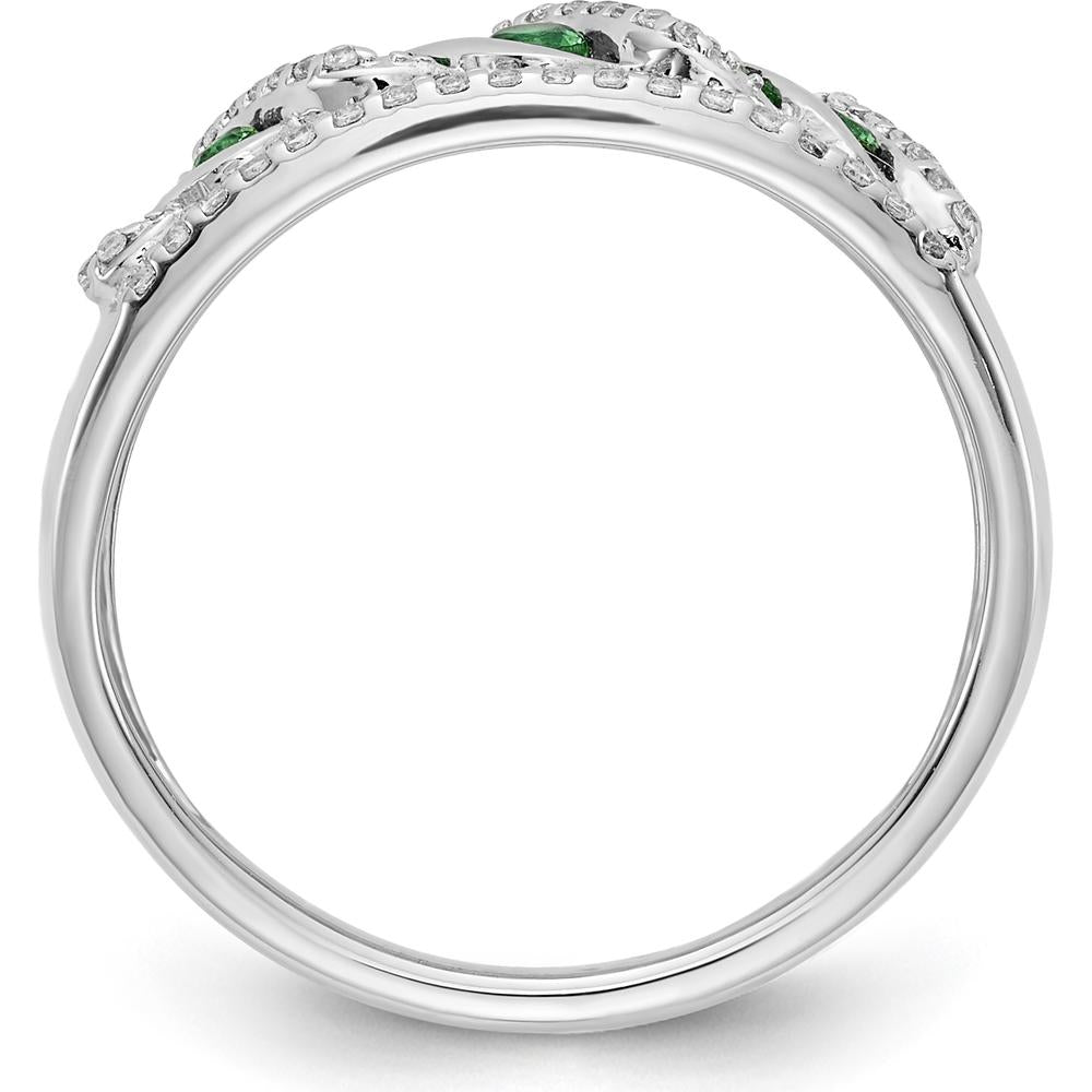 14K White Gold Fancy Twist Ring with Round Emeralds and Diamonds - 0.14 Carat Total Emerald Weight, 0.07 Carat Total Diamond Weight by 0