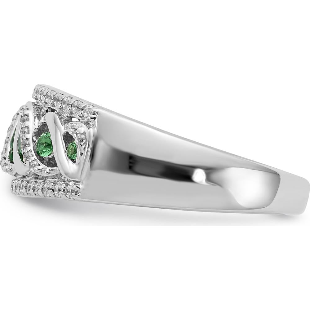 14K White Gold Fancy Twist Ring with Round Emeralds and Diamonds - 0.14 Carat Total Emerald Weight, 0.07 Carat Total Diamond Weight by 0