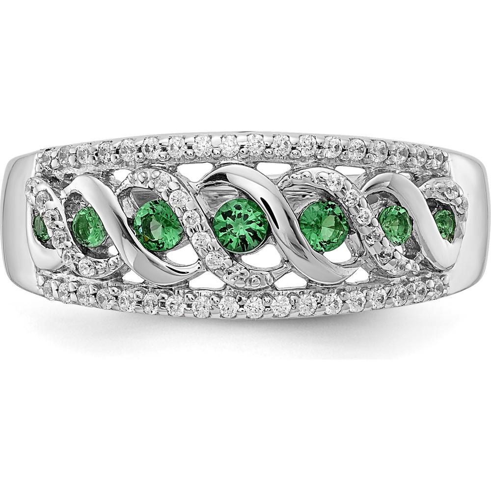 14K White Gold Fancy Twist Ring with Round Emeralds and Diamonds - 0.14 Carat Total Emerald Weight, 0.07 Carat Total Diamond Weight by 0