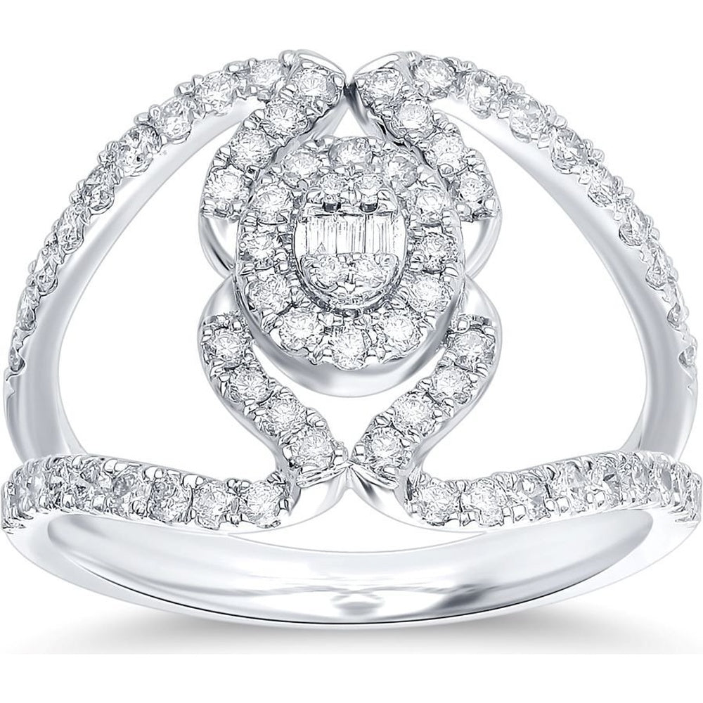 14K White Gold Fashion Ring with Baguette and Round Diamond Halo Cluster - 0.89 Carat Total Diamond Weight by Auriventus