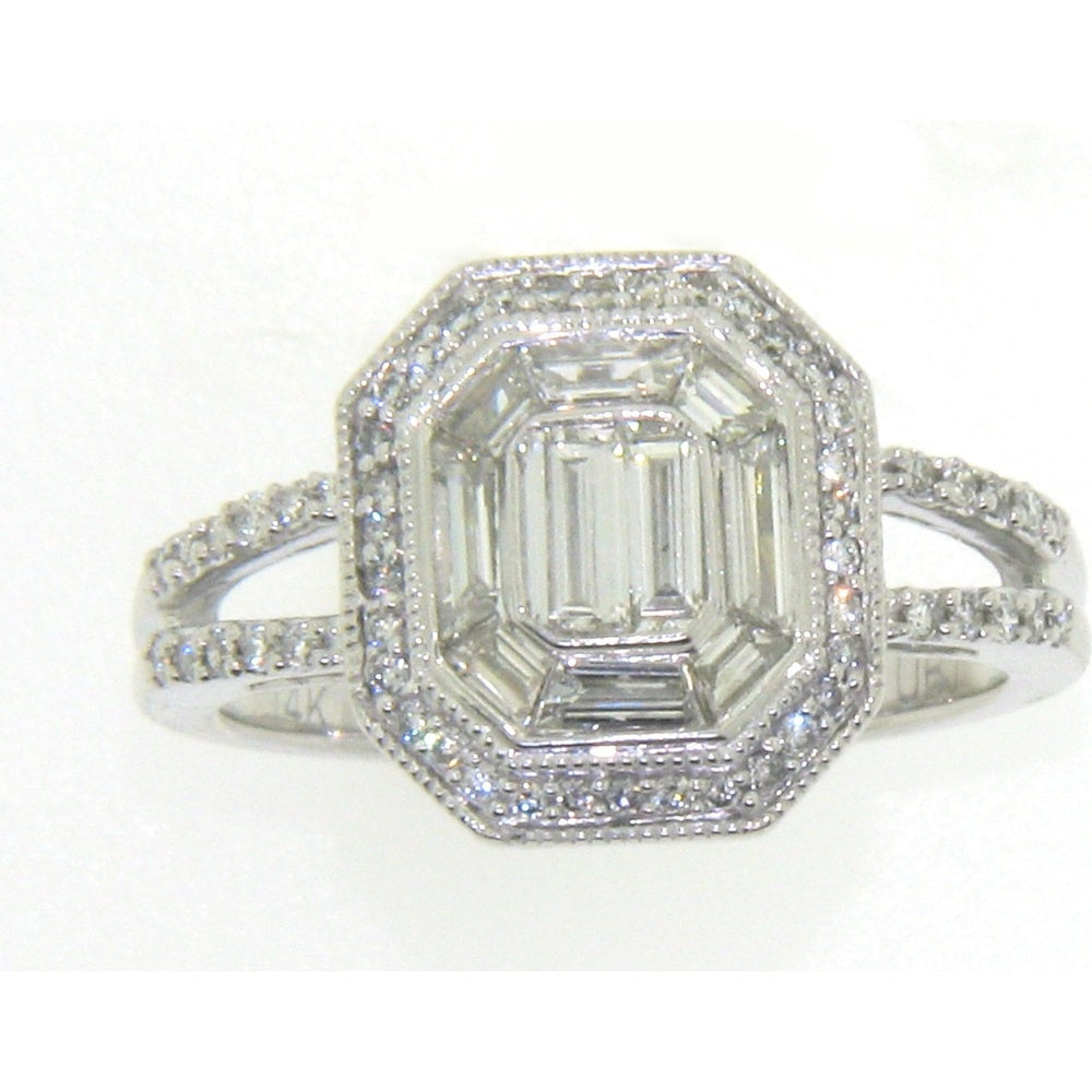 14K White Gold Fashion Ring with Baguette Cluster and Pave Split Shank Diamonds - 1.11 Carat Total Diamond Weight by Auriventus