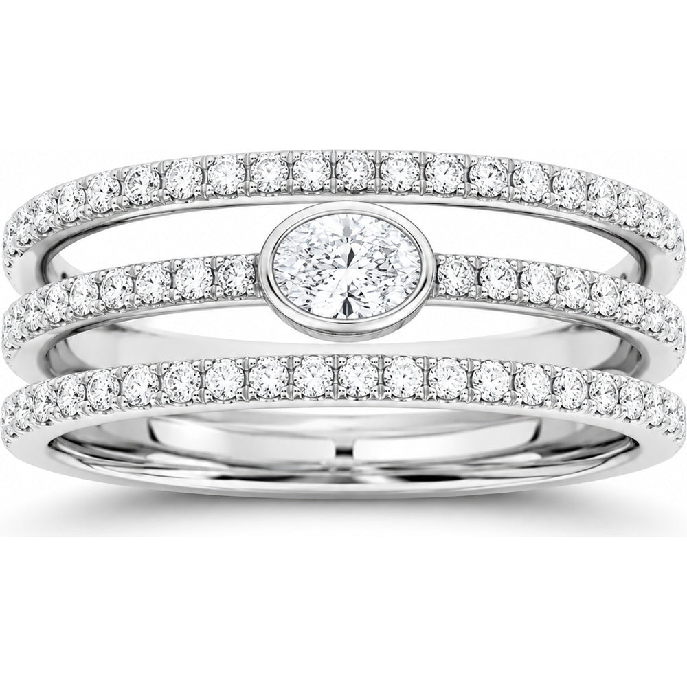 14K White Gold Fashion Ring with Bezel Set Round Diamond Center and Pavé Diamond Bands - 0.72 Carat Total Diamond Weight by Auriventus