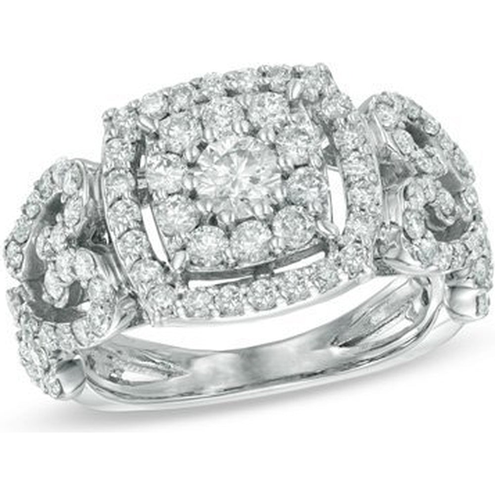 14K White Gold Fashion Ring with Cushion Halo Round Diamonds and Milgrain Detail - 1.57 Carat Total Diamond Weight by Auriventus