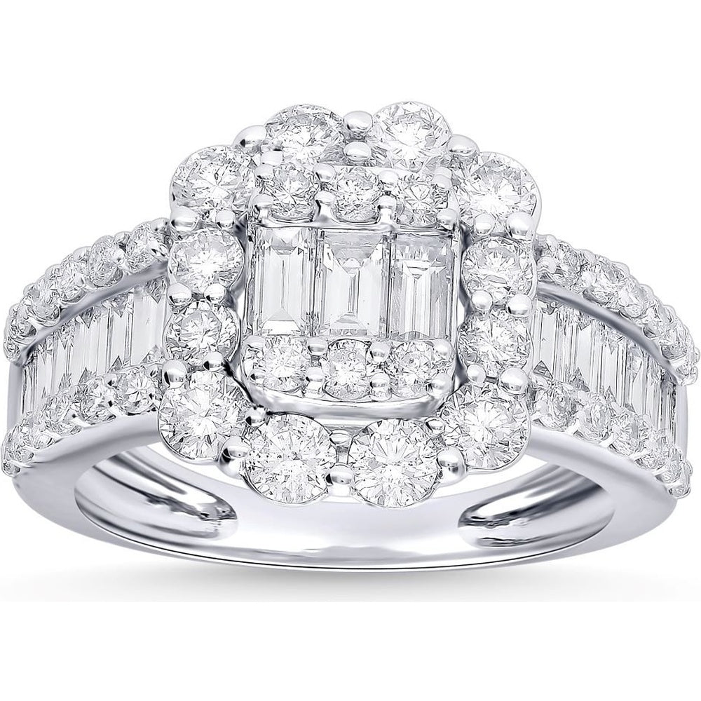 14K White Gold Fashion Ring with Emerald-Cut and Baguette Diamond Accents - 2.23 Carat Total Diamond Weight by Auriventus