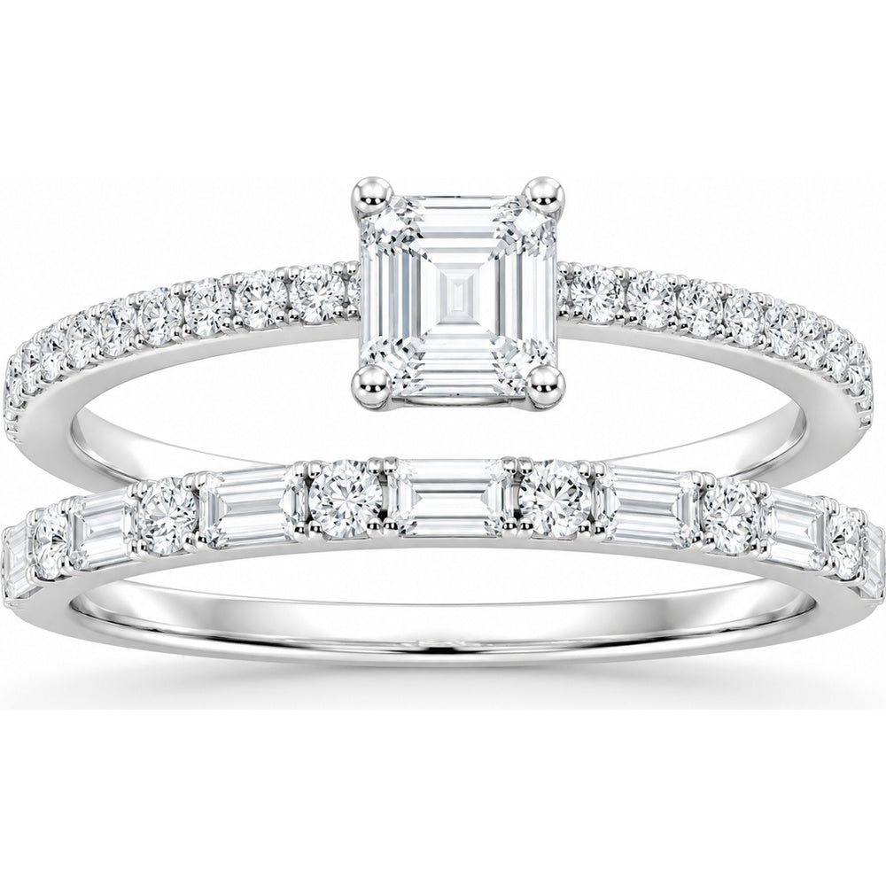 14K White Gold Fashion Ring with Emerald-Cut Center and Alternating Round and Baguette Diamond Band - 0.57 Carat Total Diamond Weight by Auriventus