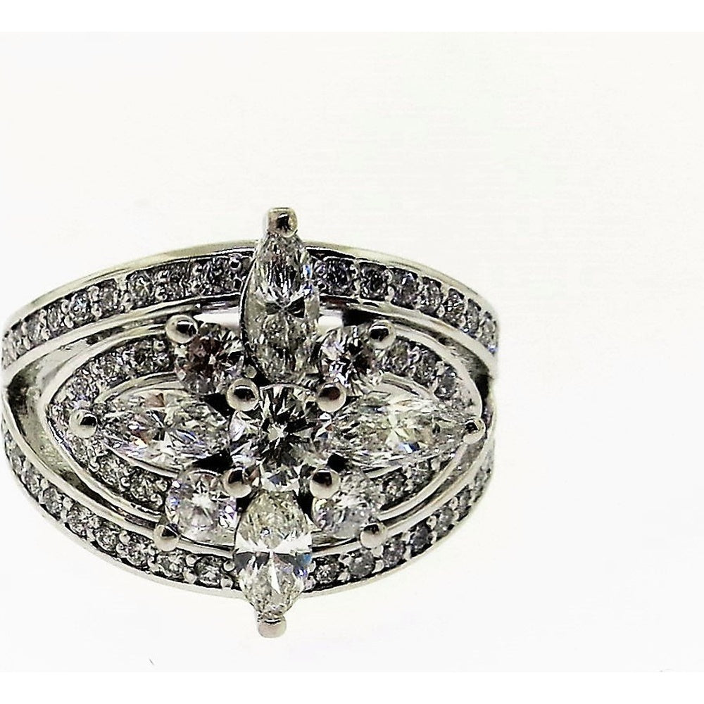 14K White Gold Fashion Ring with Flower Cluster Round, Marquise, and Pear Diamonds - 2.03 Carat Total Diamond Weight by Auriventus