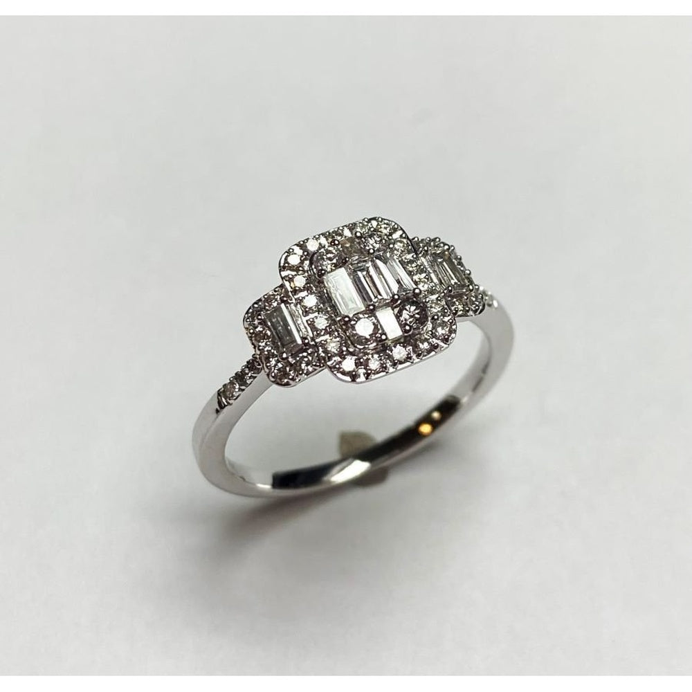 14K White Gold Fashion Ring with Milgrain Detail and Baguette and Round Diamond Halo Cluster - 0.79 Carat Total Diamond Weight by Auriventus