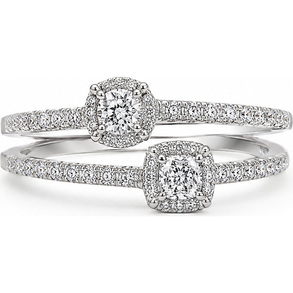 14K White Gold Fashion Ring with Pave Band and Halo Set Round Diamonds with Milgrain Detail - 0.56 Carat Total Diamond Weight by Auriventus