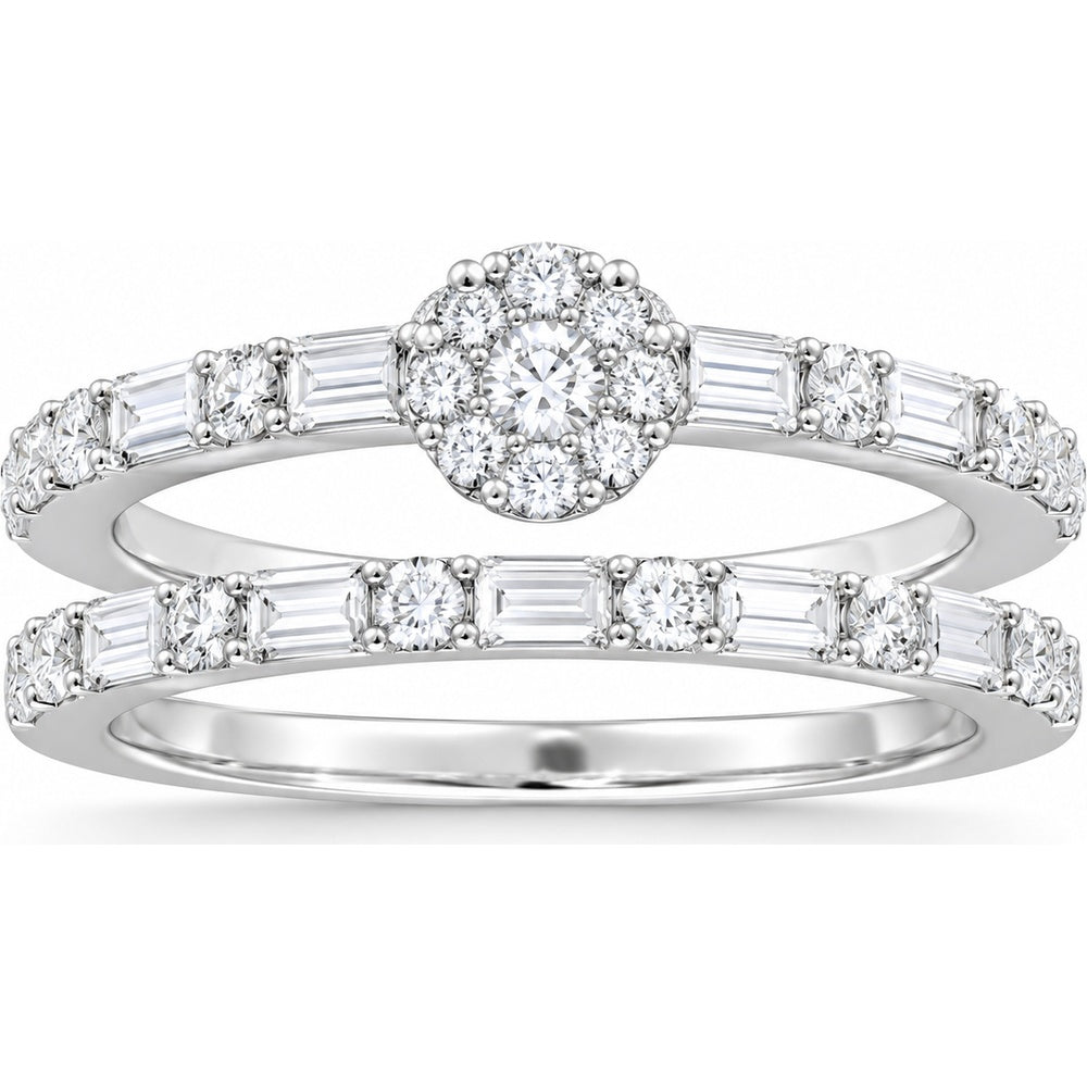 14K White Gold Fashion Ring with Round Halo and Alternating Baguette Diamonds - 0.92 Carat Total Diamond Weight by Auriventus