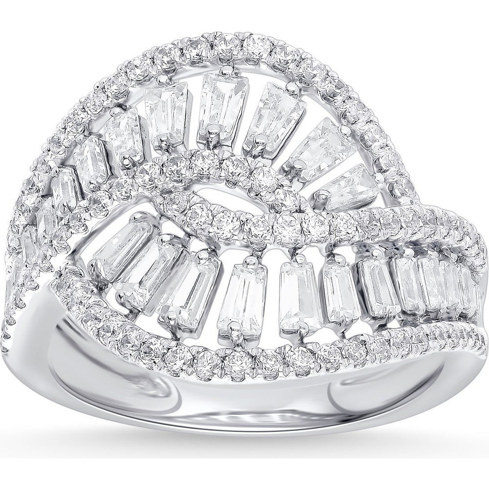 14K White Gold Fashion Ring with Tapered Baguette and Round Diamonds in a Swirl Design - 1.31 Carat Total Diamond Weight by Auriventus