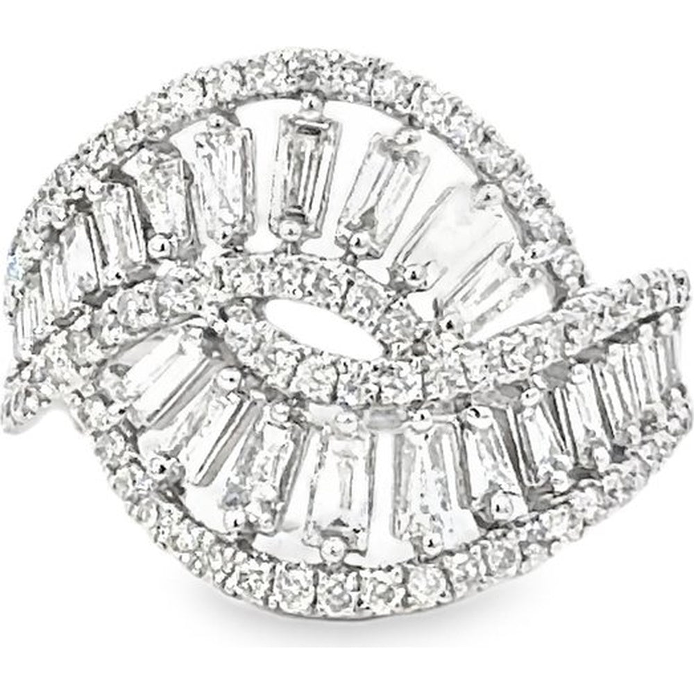 14K White Gold Fashion Ring with Tapered Baguette and Round Diamonds in a Swirl Design - 1.31 Carat Total Diamond Weight by Auriventus