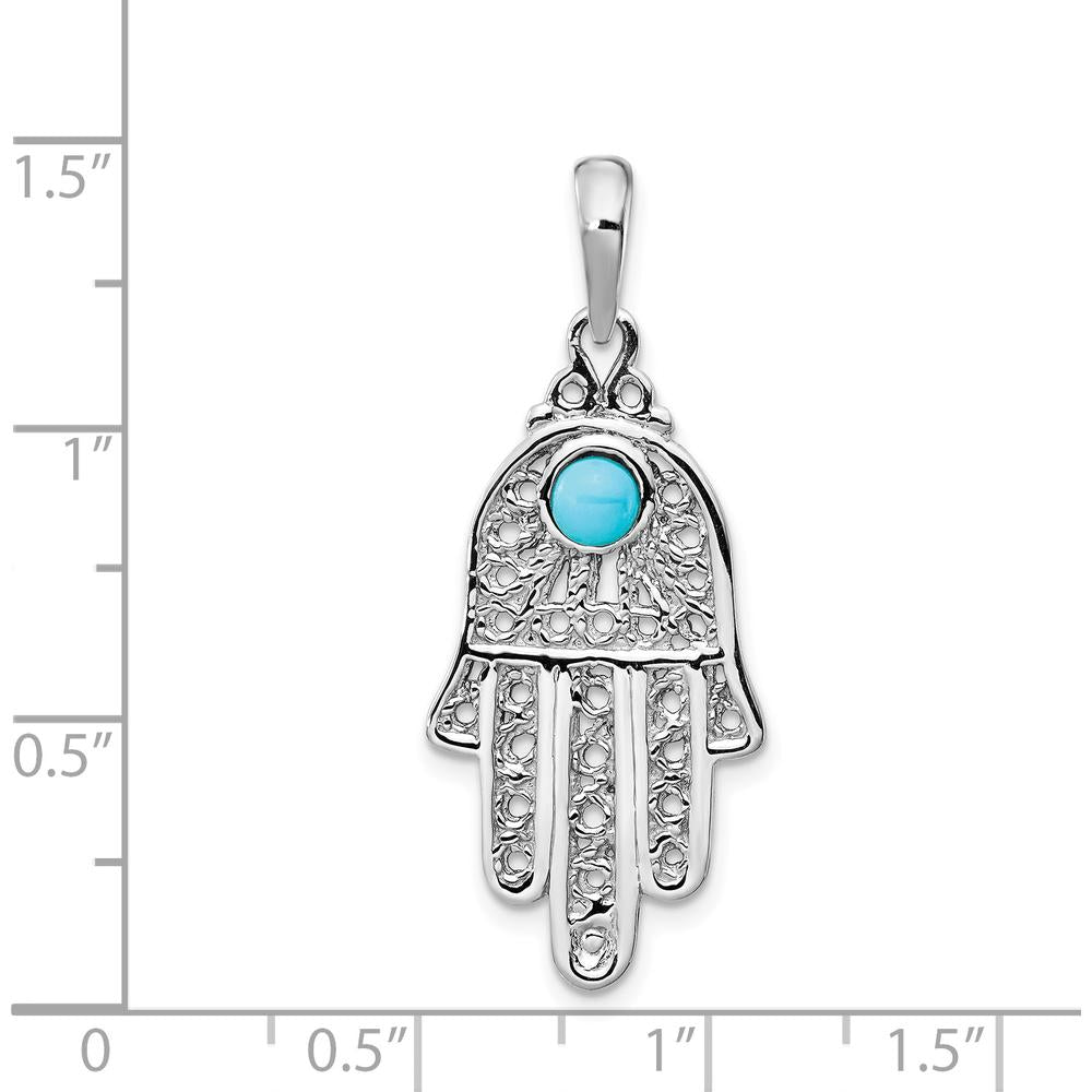14K White Gold Filigree Chamseh Pendant with Round Turquoise - 3.5mm by Oro Pregiato