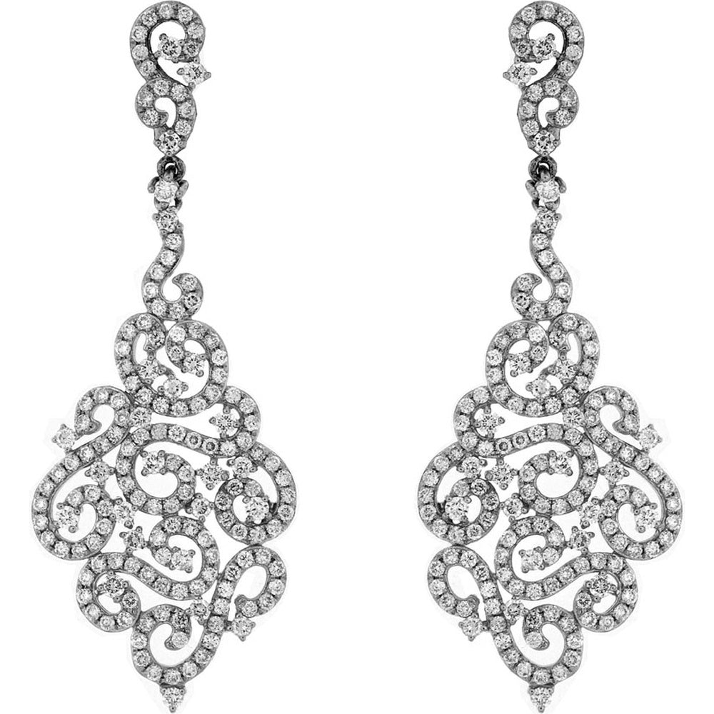 14K White Gold Filigree Chandelier Drop Earrings with Pavé Set Round Diamonds - 2.78 Carat Total Diamond Weight - Royal Jewelry