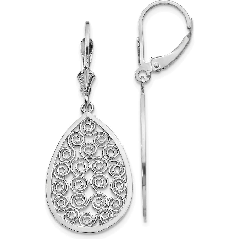 14K White Gold Filigree Teardrop Dangle Leverback Earrings - Elegant Design by Oro Pregiato
