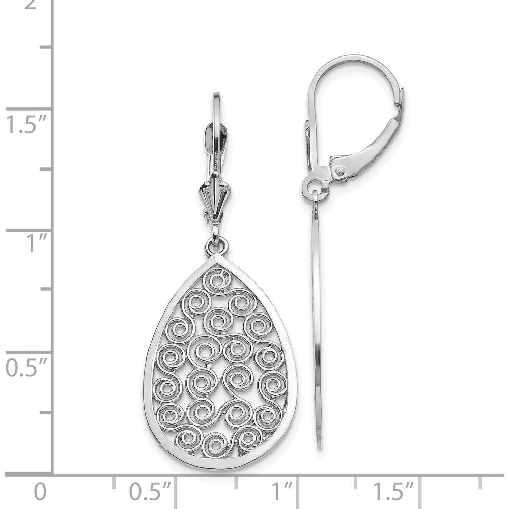 14K White Gold Filigree Teardrop Dangle Leverback Earrings - Elegant Design by Oro Pregiato
