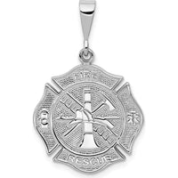 14K White Gold FIRE RESCUE Badge Pendant with Textured Finish - Polished and Rhodium Plated by Oro Pregiato
