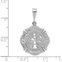 14K White Gold FIRE RESCUE Badge Pendant with Textured Finish - Polished and Rhodium Plated by Oro Pregiato