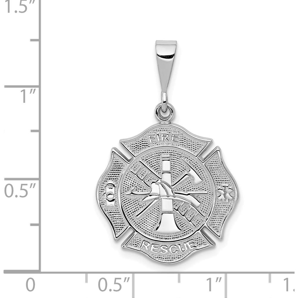 14K White Gold FIRE RESCUE Badge Pendant with Textured Finish - Polished and Rhodium Plated by Oro Pregiato