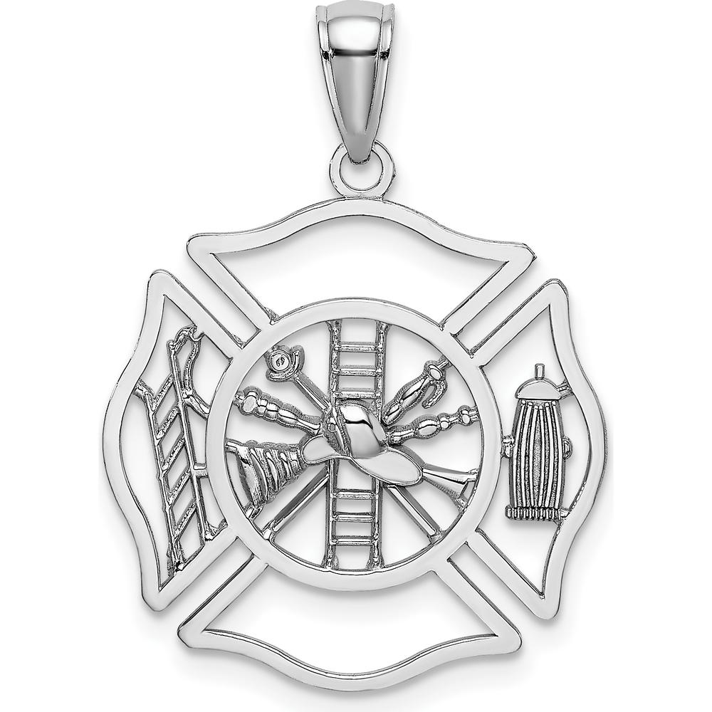 14K White Gold Fireman Shield Charm with Polished Finish and Rhodium Plating by Oro Pregiato
