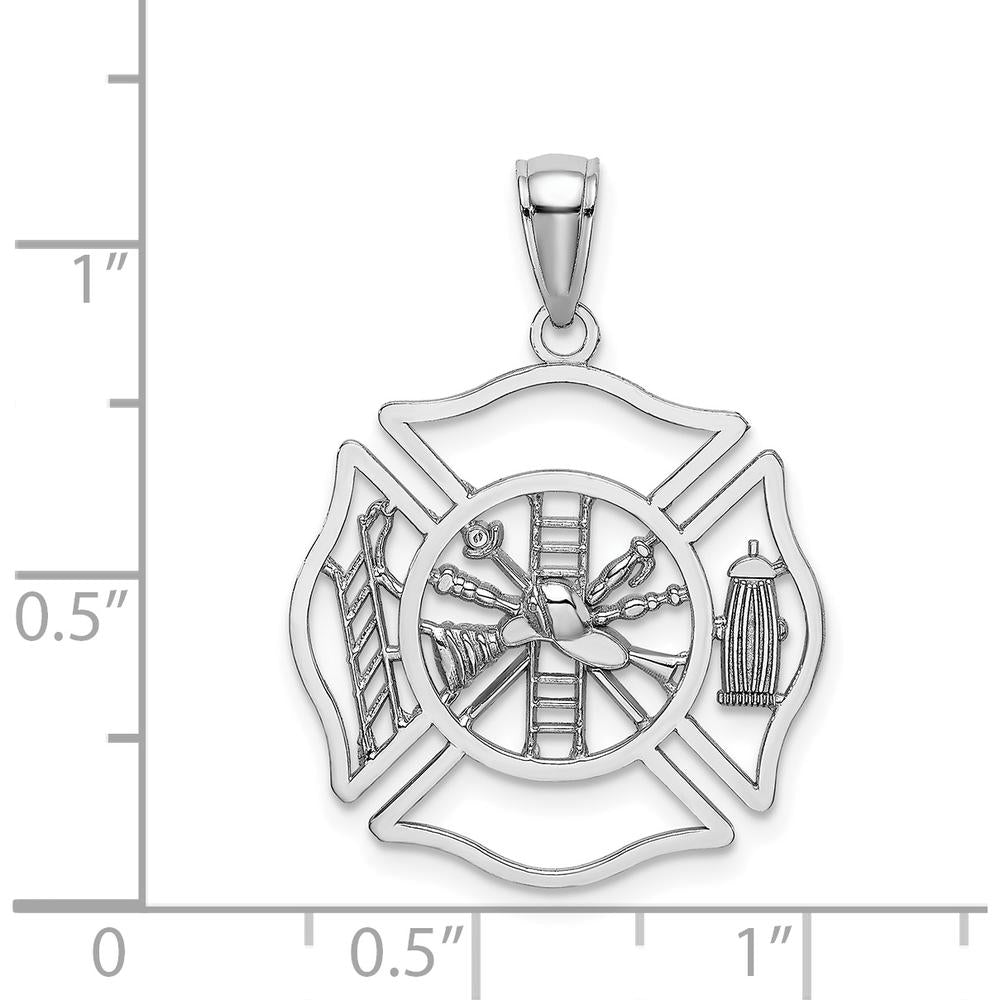 14K White Gold Fireman Shield Charm with Polished Finish and Rhodium Plating by Oro Pregiato