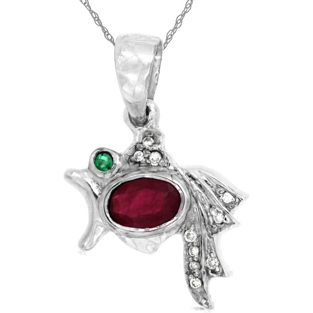 14K White Gold Fish Pendant with 0.50 Carat Oval Ruby, 0.04 Carat Emerald Eye, and Round Diamond Accents - Royal Jewelry