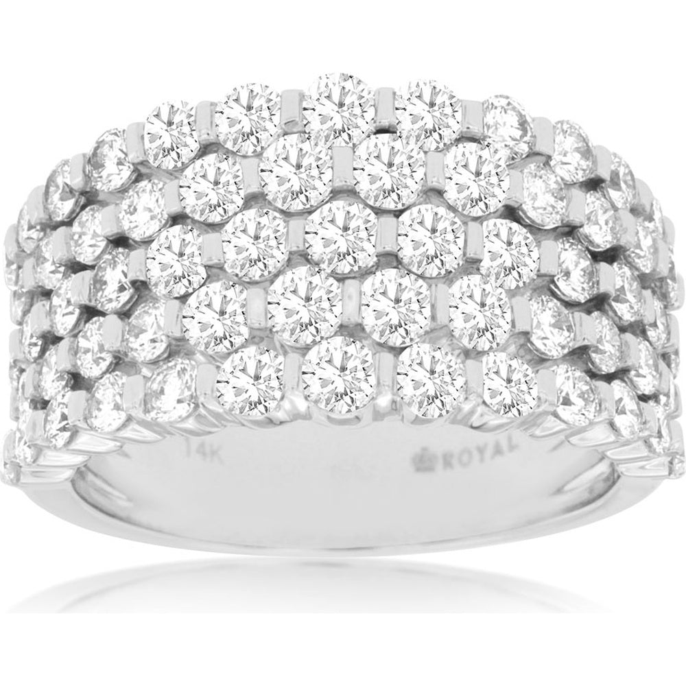 14K White Gold Five-Row Diamond Wedding Band with Prong-Set Round Brilliant Diamonds - 2.50 Carat Total Diamond Weight - Royal Jewelry