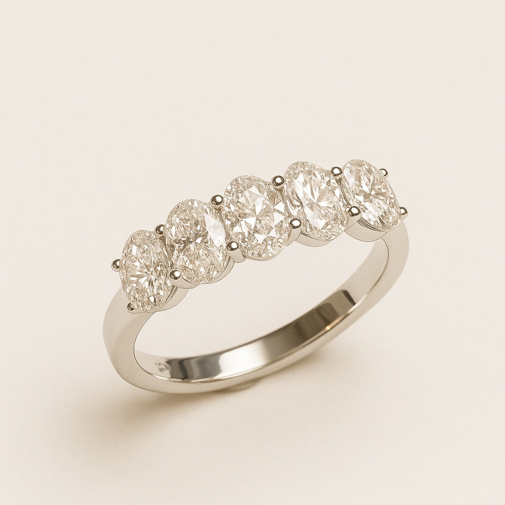 14K White Gold Five-Stone Anniversary Band with Prong-Set Oval Lab Grown Diamonds - 1.48 Carat Total Diamond Weight by Auriventus