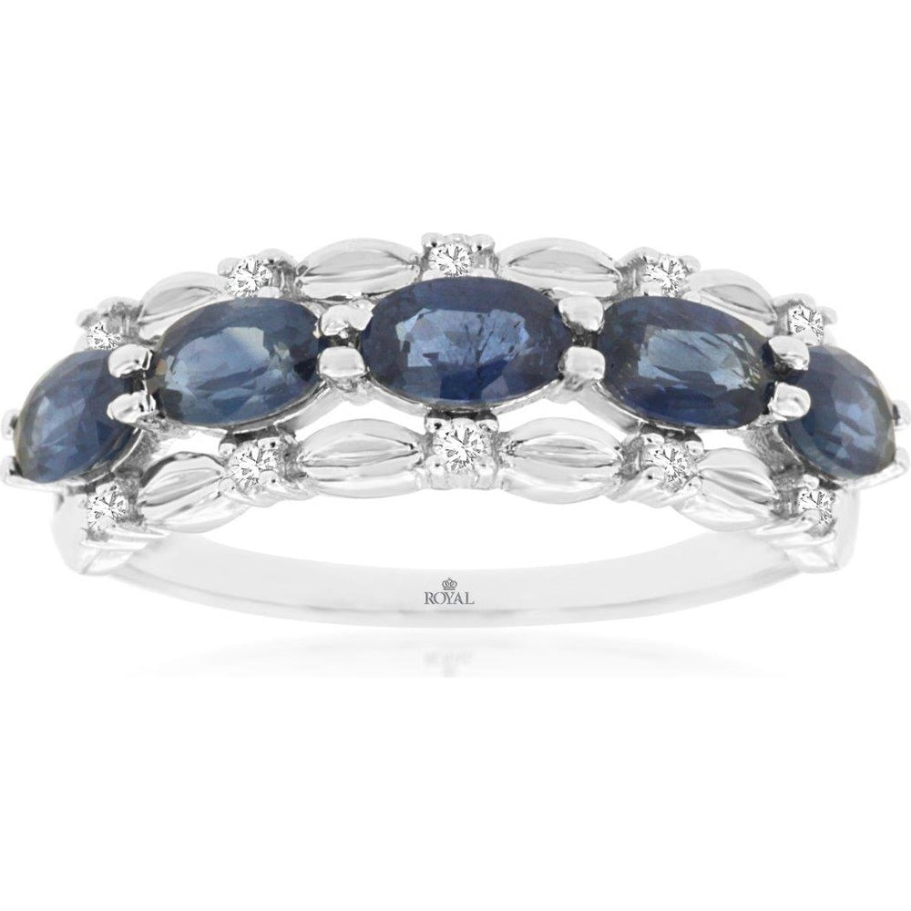 14K White Gold Five-Stone Band with Oval Blue Sapphires and Round Diamond Accents - 1.5 Carat Total Sapphire Weight and 0.10 Carat Total Diamond Weight - Royal Jewelry