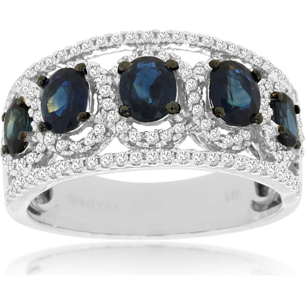14K White Gold Five-Stone Band with Oval Sapphires and Diamond Halo Detail - 1.75 Carat Total Sapphire Weight, 0.50 Carat Total Diamond Weight - Royal Jewelry