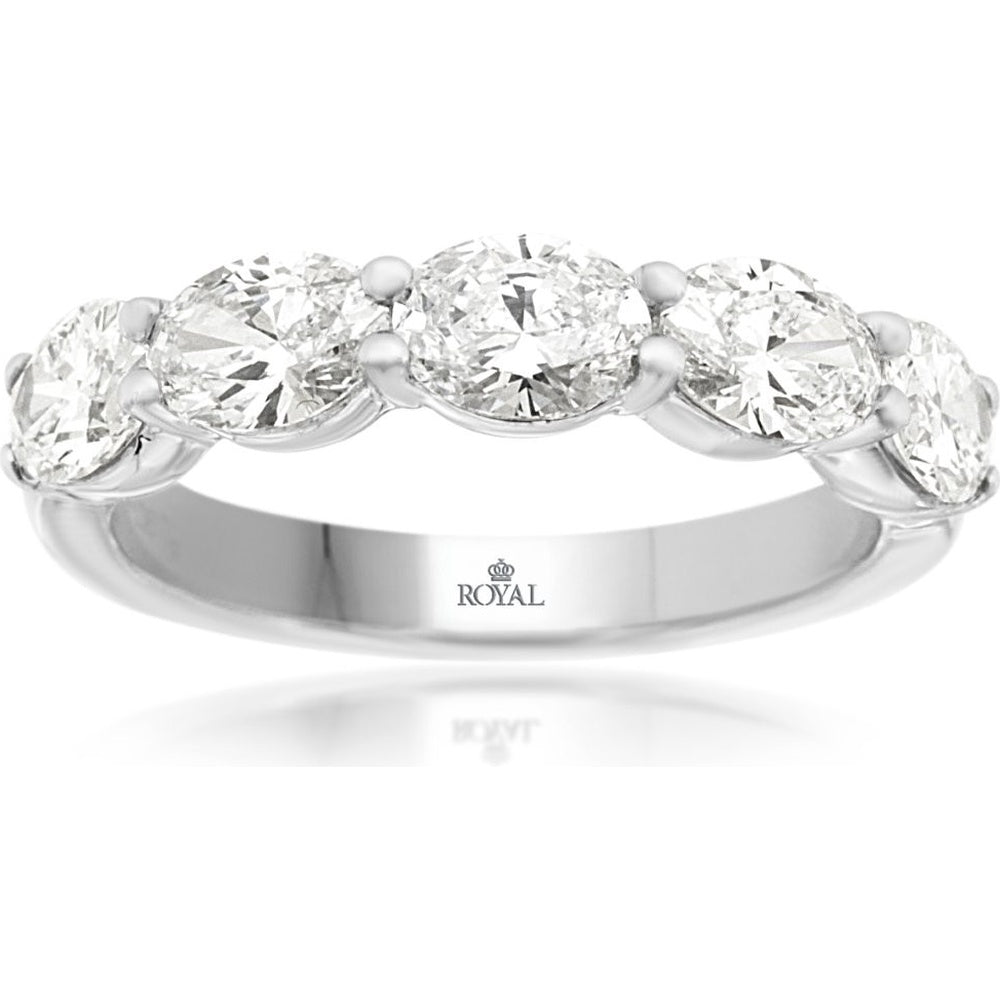 14K White Gold Five-Stone Band with Shared-Prong Set Oval Lab-Grown Diamonds - 1.70 Carat Total Diamond Weight - Royal Jewelry