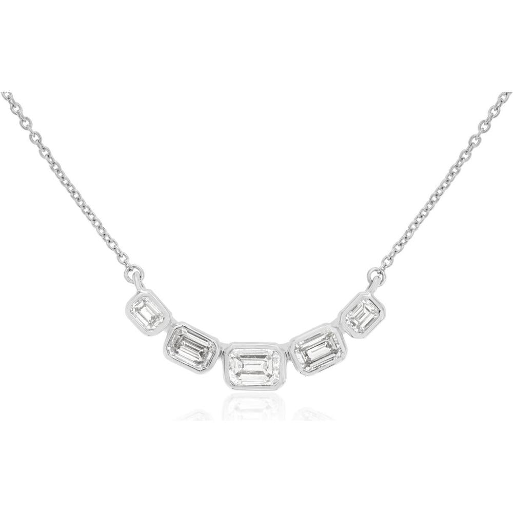 14K White Gold Five-Stone Bezel Set Emerald Cut Diamond Necklace - 0.80 Carat Total Diamond Weight - Royal Jewelry