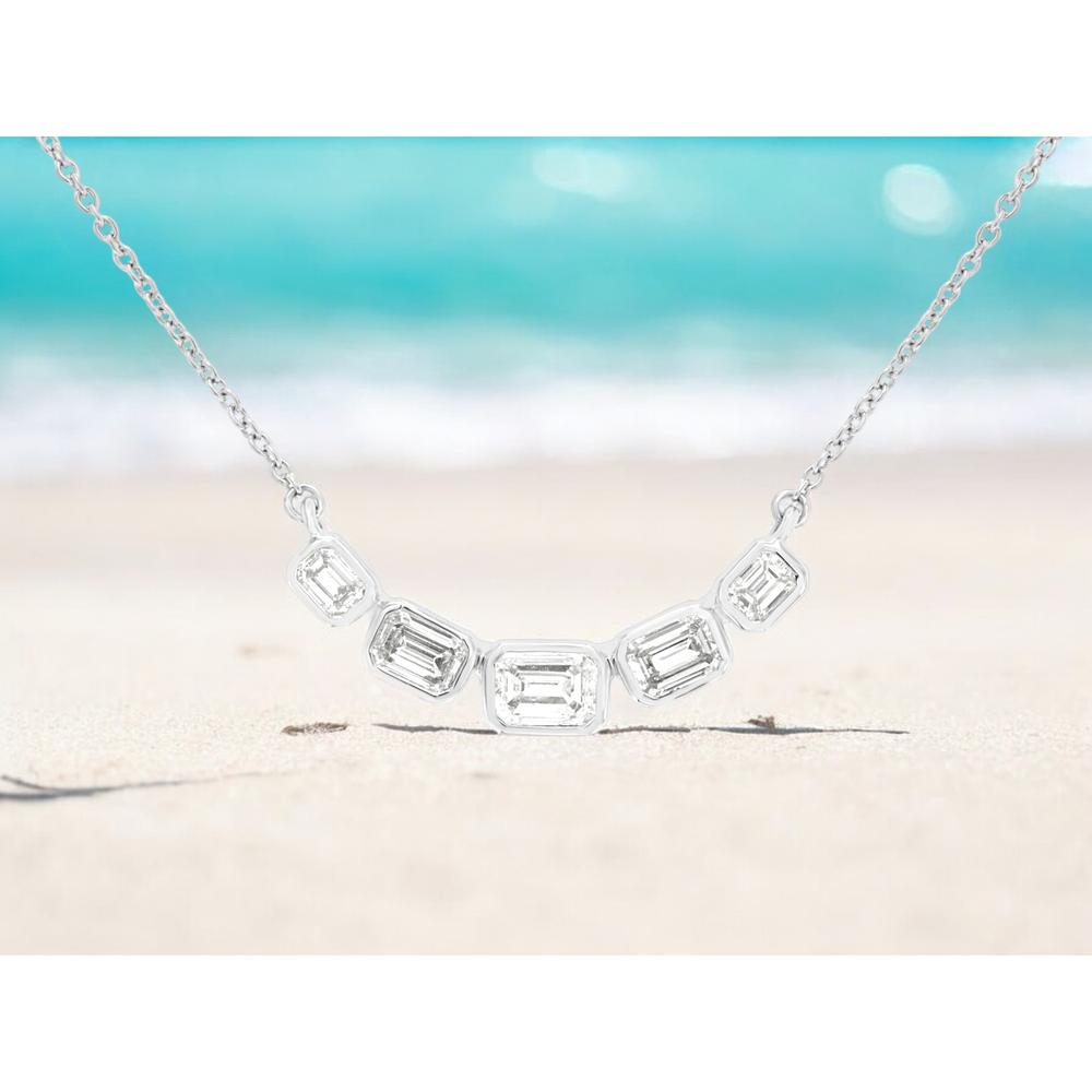14K White Gold Five-Stone Bezel Set Emerald Cut Diamond Necklace - 0.80 Carat Total Diamond Weight - Royal Jewelry