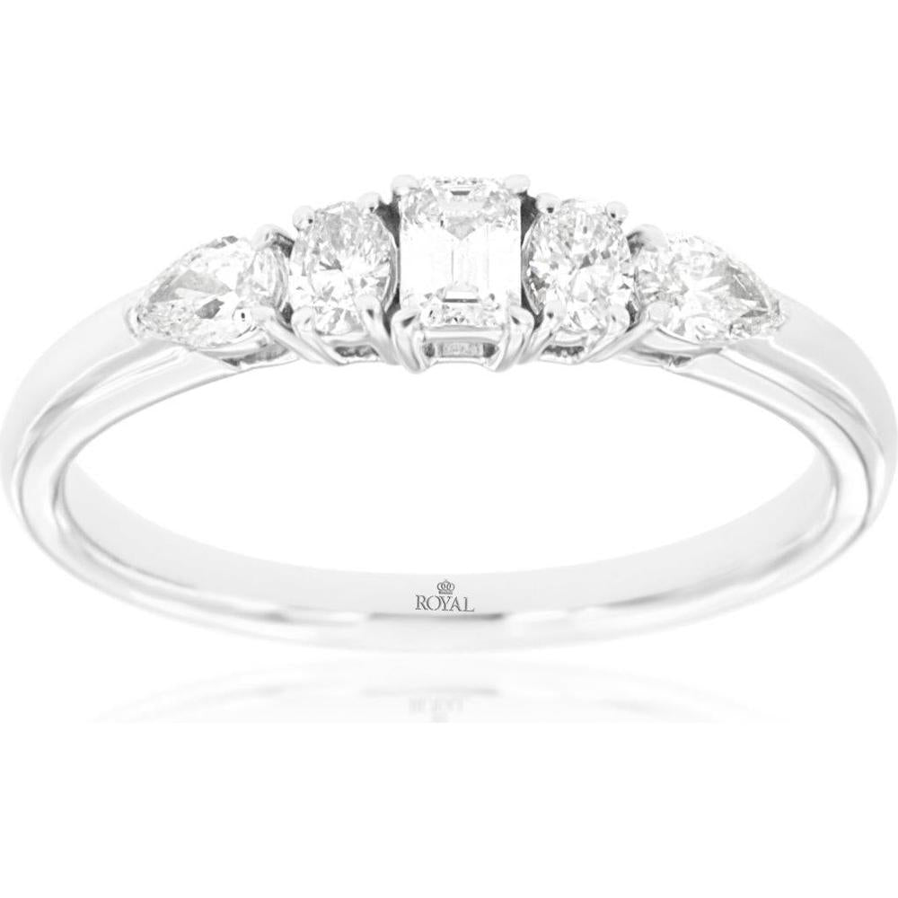 14K White Gold Five-Stone Diamond Wedding Band with Emerald Cut Center and Round and Pear Shaped Accents - 0.55 Carat Total Diamond Weight - Royal Jewelry